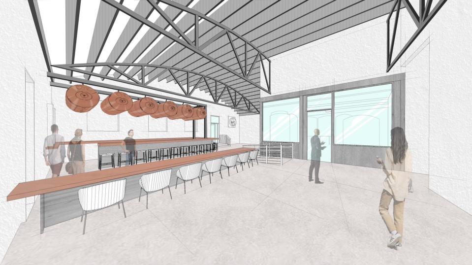 A rendering of the Brewwell's taproom, which will feature six copper beer tanks installed over the bar.