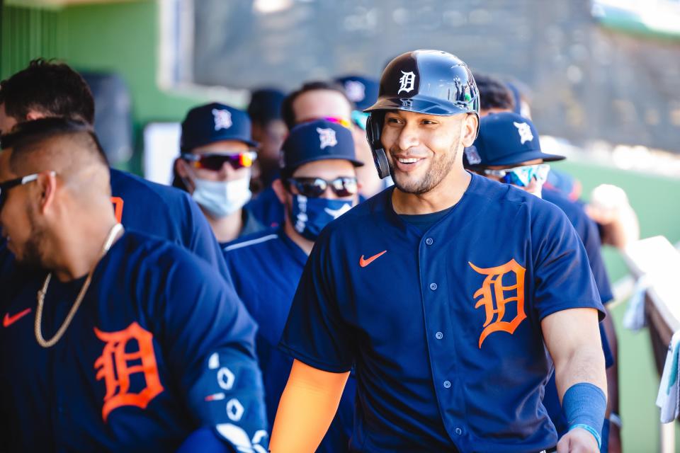 Detroit Tigers' Victor Reyes smiles during a game against the Philadelphia Phillies at BayCare Ballpark in Clearwater, Florida on March 10, 2021.