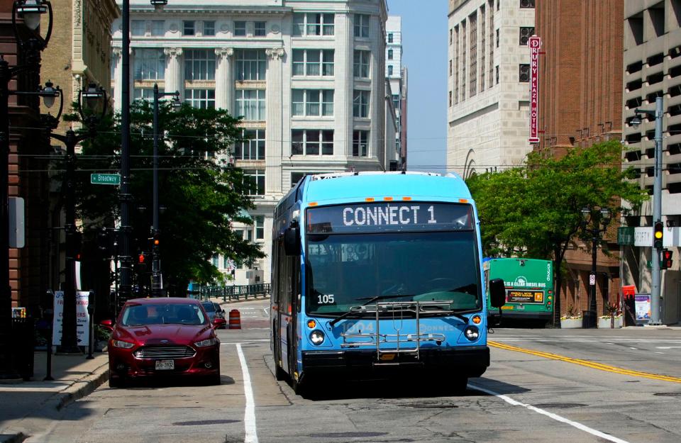 The new battery powered CONNECT 1 electric bus heads east down East Wisconsin Avenue on the second day of the start of the $55 million nine-mile CONNECT 1 East-West Bus Rapid Transit line in Milwaukee on Monday, June 5, 2023. The first BRT route in the county will stretch from Milwaukee's downtown to the Milwaukee Regional Medical Center in Wauwatosa along Wisconsin Avenue and Bluemound Road will let. Passengers will ride for free through September 30.