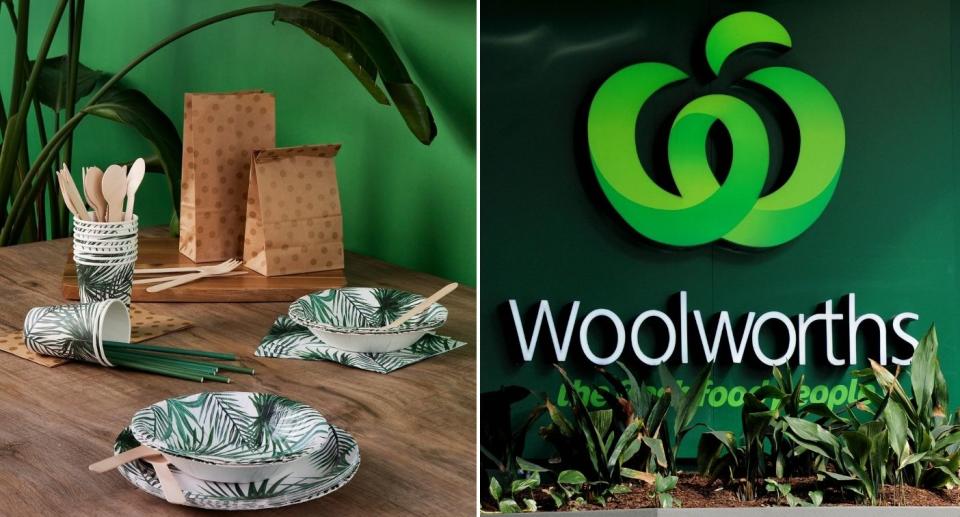 Woolworths new sustainable picnicware range of cups, straws and bowls on table.