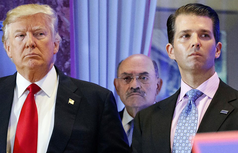 FILE - President-elect Donald Trump, left, his chief financial officer Allen Weisselberg, center, and his son Donald Trump Jr., right, attend a news conference at Trump Tower in New York, on Jan. 11, 2017. Weisselberg got out of jail Wednesday, April 19, 2023, but he might not have freed himself from the legal morass surrounding the former president. (AP Photo/Evan Vucci, File)