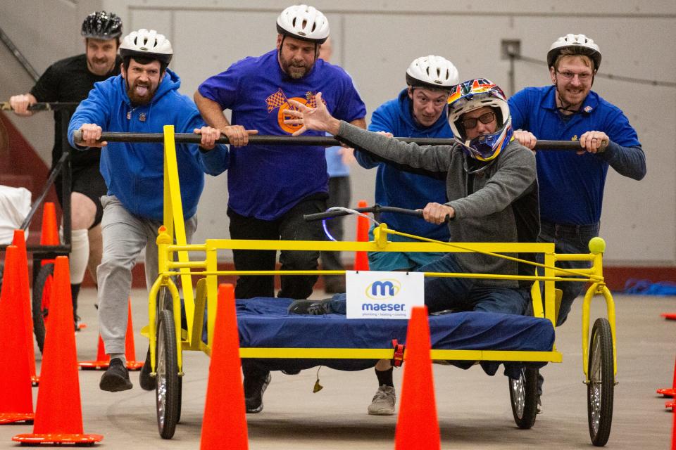 Contestants from Maeser compete at the Kentucky Derby Festival’s Great Bed Races at Broadbent Arena on May 1, 2023.