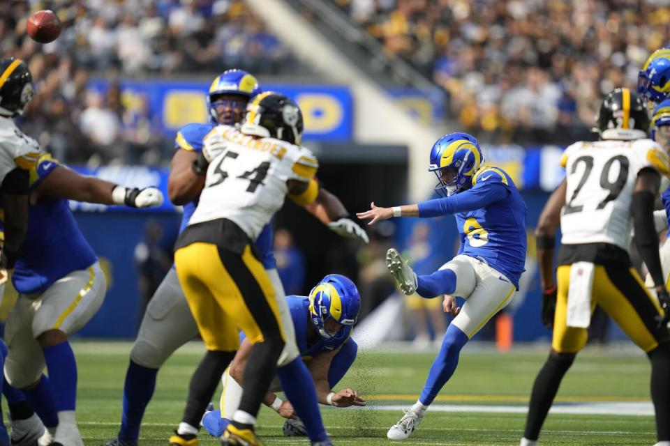 Rams placekicker Brett Maher (8) attempts a field goal against Pittsburgh.