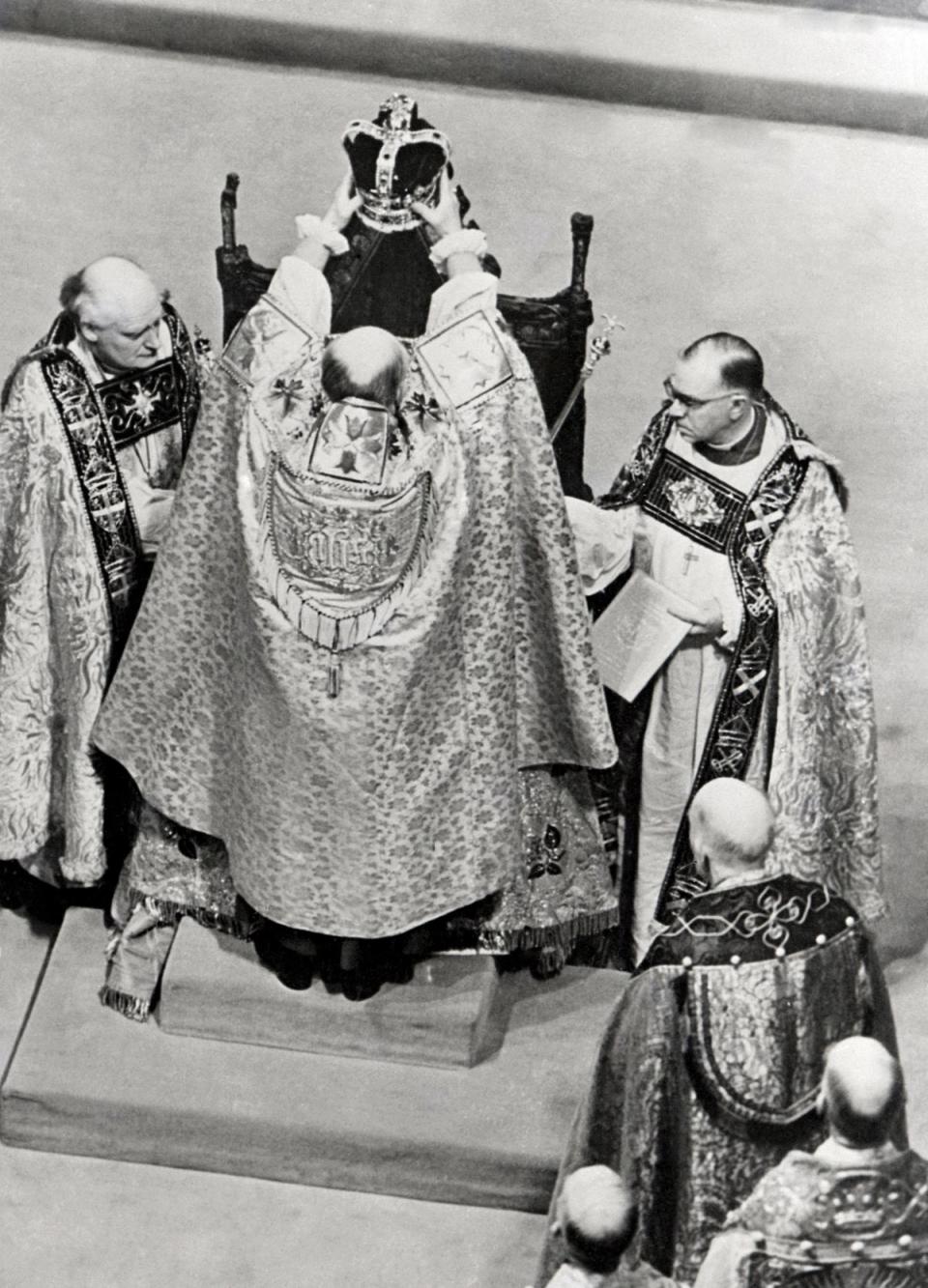 A picture of the coronation of Queen Elizabeth II, sitting on the Coronation Chair, known as St Edward's Chair, on June 2, 1953 (AFP via Getty Images)