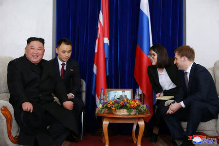 North Korean leader Kim Jong Un attends a meeting with Russian officials upon his arrival at a railway station in the far eastern settlement of Khasan, Russia in this undated photo released on April 24, 2019 by North Korea's Central News Agency (KCNA). KCNA via REUTERS