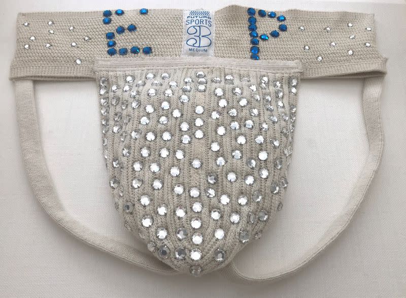 The rhinestone-studded jockstrap worn by Elvis Presley and bearing his initials is seen in this undated handout picture