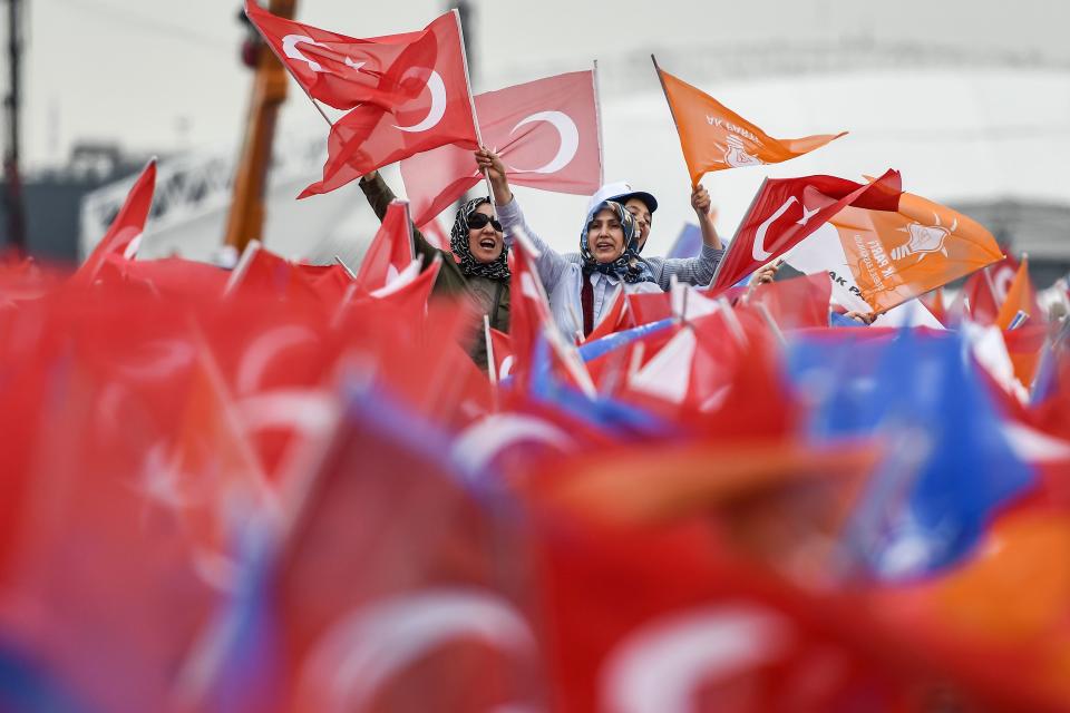 Supporters cheer prior to speech by Recep Tayyip Erdogan, Turkey’s president and leader of the Justice and Development Party (AKP), during an AKP preelection rally in Yenikapi Square in Istanbul on Sunday. (Photo: Aris Messinis /AFP/Getty)