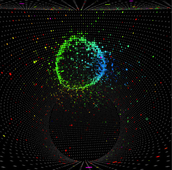 A candidate electron neutrino appears in the Super Kamiokande particle detector in Japan like this. In July 2013 researchers announced they'd definitively measured muon neutrinos oscillating flavor into electron neutrinos.