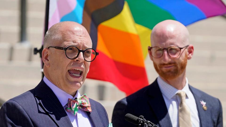 Jim Obergefell, left, speaks during a news conference as Utah Sen. Derek Kitchen, D-Salt Lake City, right, looks on Tuesday, June 7, 2022, in Salt Lake City.