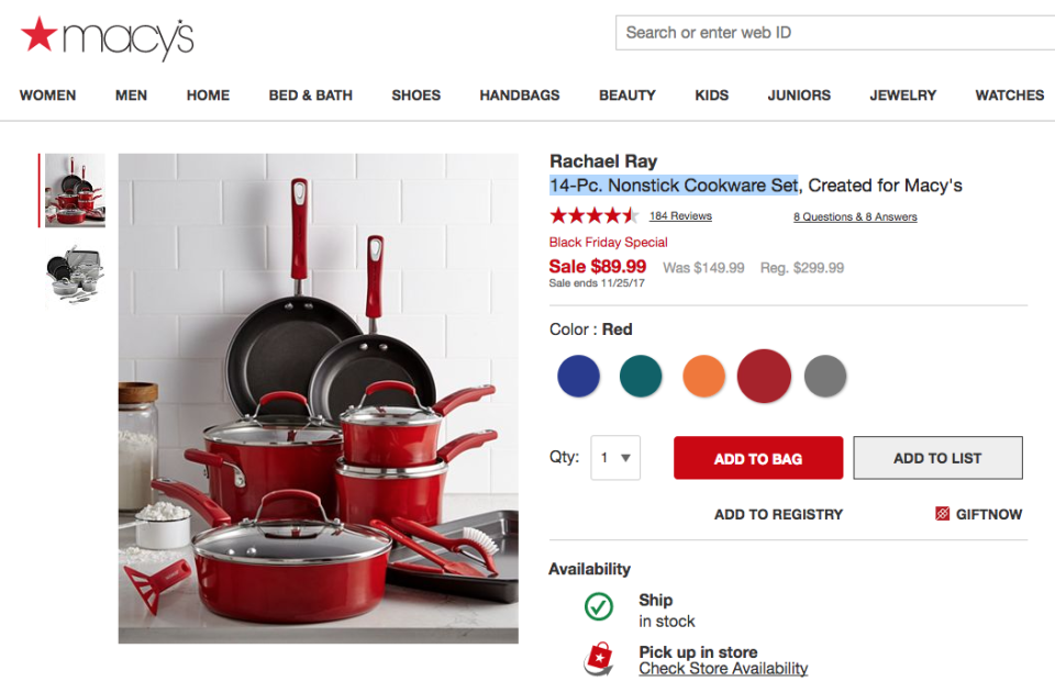 14-piece Rachel Ray cookware set on sale for Black Friday. (Macy’s)