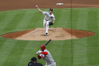 New York Yankees starting pitcher Gerrit Cole delivers to Philadelphia Phillies Didi Gregorius during the second inning of a baseball game, Monday, Aug. 3, 2020, at Yankee Stadium in New York. (AP Photo/Kathy Willens)