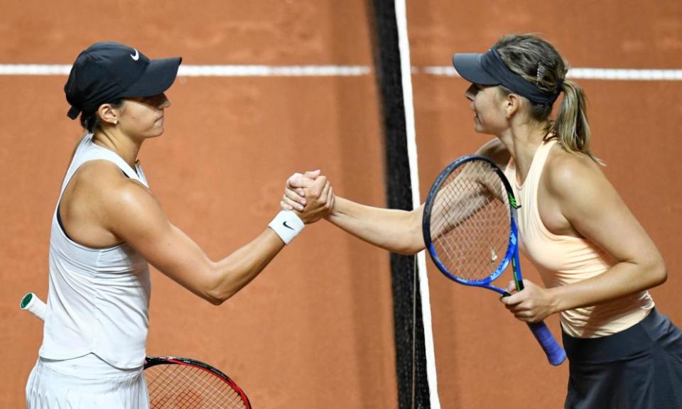 Maria Sharapova (right) congratulates Caroline Garcia after the Frenchwoman’s victory in Stuttgart.