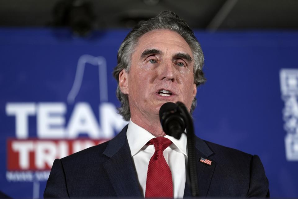 FILE - North Dakota Gov. Doug Burgum speaks at a campaign rally with Republican presidential candidate former President Donald Trump in Laconia, N.H., Monday, Jan. 22, 2024. (AP Photo/Matt Rourke, File)