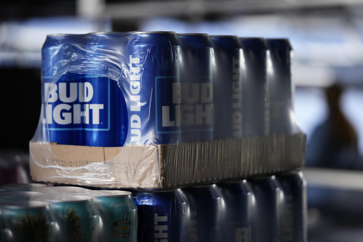 Cans of Bud Light beer are seen before a baseball game between the Philadelphia Phillies and the Seattle Mariners, Tuesday, April 25, 2023, in Philadelphia. (AP Photo/Matt Slocum)