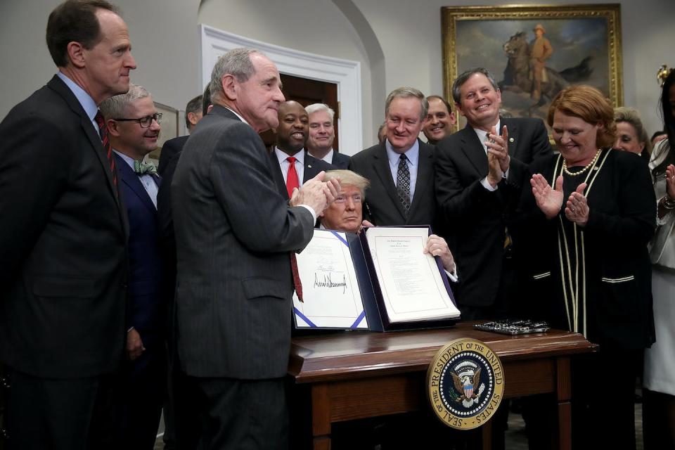 President Trump after signing the Economic Growth, Regulatory Relief, and Consumer Protection Act bill on May 24, 2018. <a href="https://www.gettyimages.com/detail/news-photo/president-donald-trump-after-speaking-about-the-cancelled-news-photo/962116186" rel="nofollow noopener" target="_blank" data-ylk="slk:Win McNamee via Getty Images;elm:context_link;itc:0;sec:content-canvas" class="link ">Win McNamee via Getty Images</a>