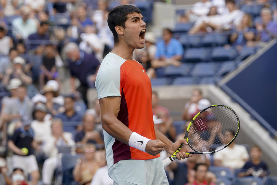 Carlos Alcaraz, of Spain, reacts during a match against Federico Coria, of Argentina, during the second round of the U.S. Open tennis championships, Thursday, Sept. 1, 2022, in New York. (AP Photo/Mary Altaffer)