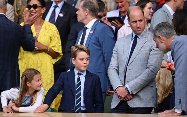 <p>Karwai Tang/WireImage</p> Princess Charlotte, Prince George, Prince William and King Felipe attend Wimbledon finals in July 16