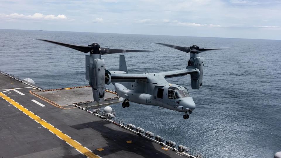 Marine Corps MV-22 Ospreys assigned to the 26th Marine Expeditionary Unit conduct deck landing qualifications aboard the amphibious assault ship Bataan as part of its Composite Training Unit Exercise in the Atlantic Ocean May 17. (Lance Cpl. Rafael Brambila-Pelayo/Marine Corps)