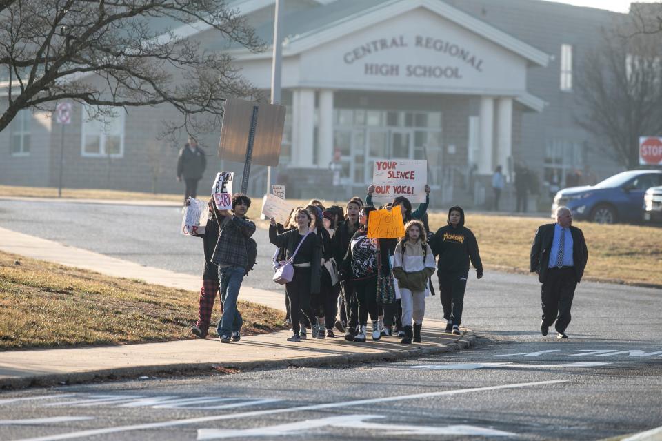 Students of Central Regional High School protest along Forest Hills Parkway. The students are upset with inaction by the district regarding bullying within the school system which they feel helped lead to the recent death of a fellow student.  Berkeley Township, NJWednesday, February 8, 2023