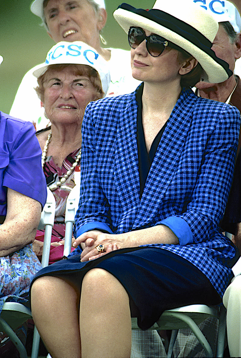 Hillary Clinton in a blue checkered blazer on March 21, 1994