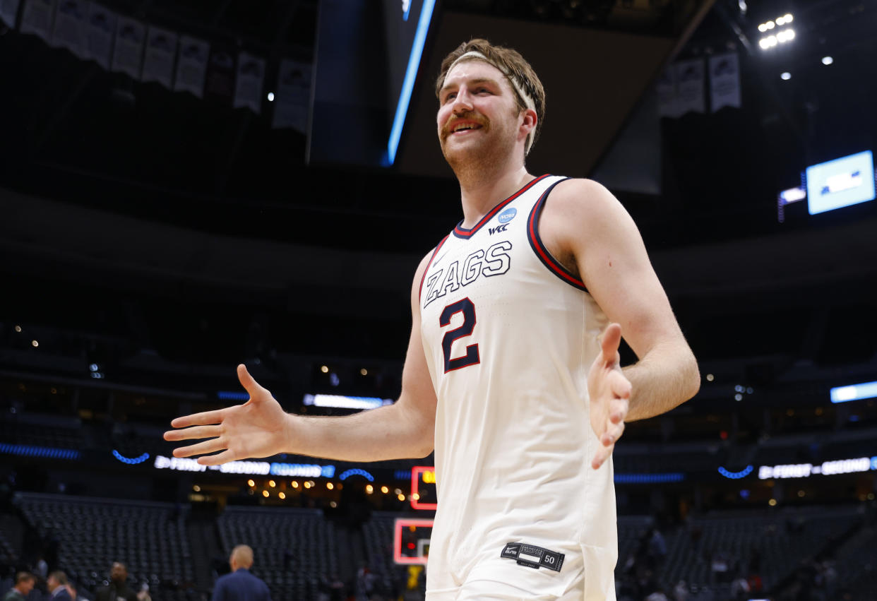 DENVER, COLORADO - MARCH 19: Drew Timme #2 of the Gonzaga Bulldogs reacts after the 84-81 victory over the TCU Horned Frogs in the second round of the NCAA Men's Basketball Tournament at Ball Arena on March 19, 2023 in Denver, Colorado. (Photo by Justin Edmonds/Getty Images)