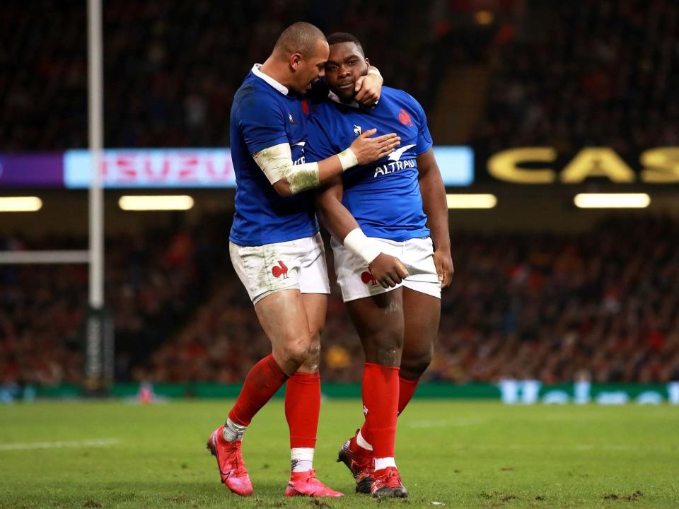 Gael Fickou and Demba Bamba celebrate France's Six Nations win over Wales: PA