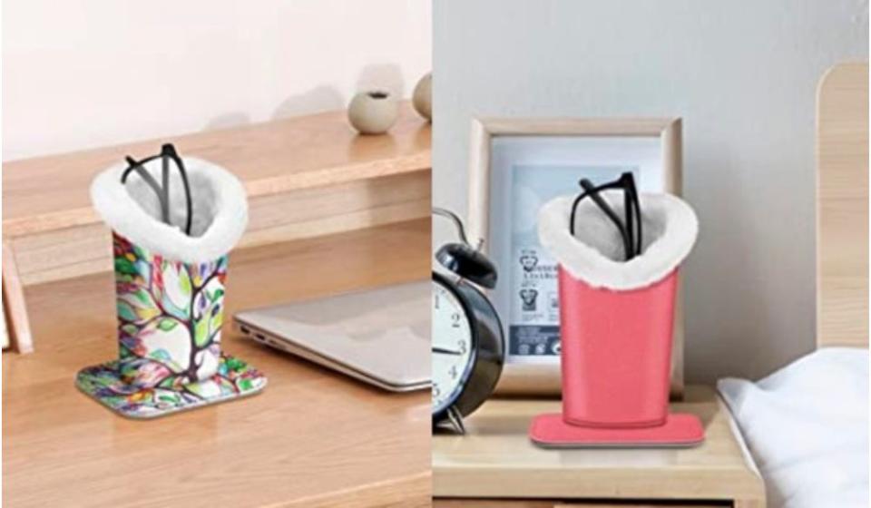 two versions of the glasses holder on a desk and a bedside table