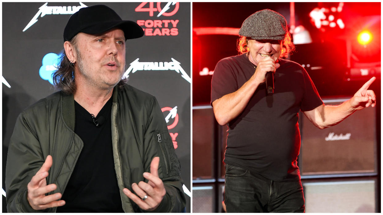  Lars Ulrich chatting at a Metallica event, and Brian Johnson on stage at Power Trip. 