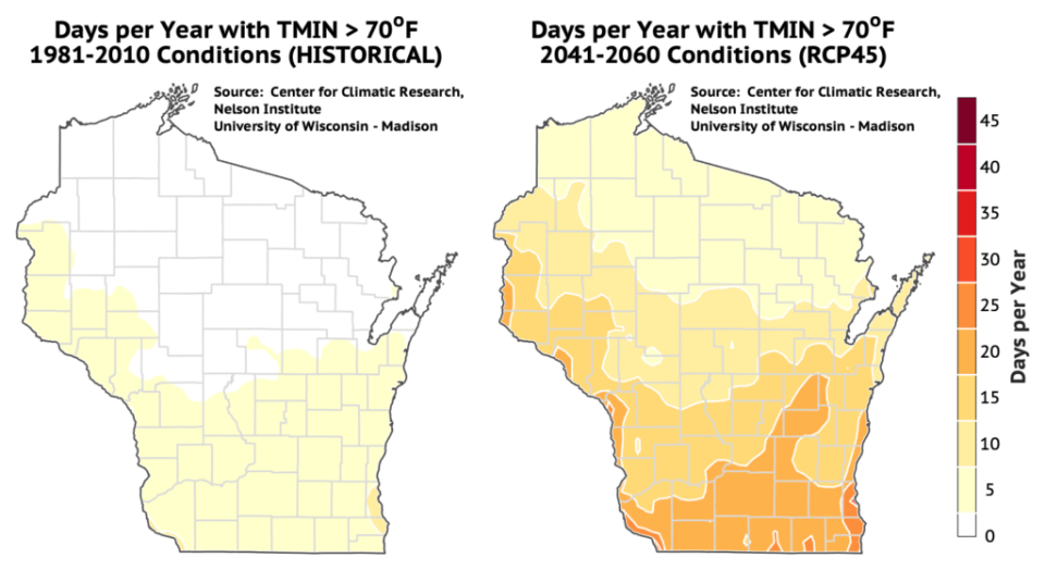 Days per year with minimum temperatures above 70 degrees, 1981-2010 vs projections for 2041-2060.