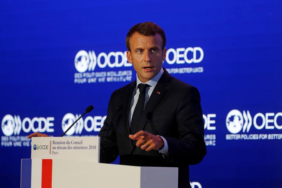 French President Emmanuel Macron delivers a speech at the OECD ministerial council meeting on "Refounding Multilateralism" in Paris, France, May 30, 2018.  REUTERS/Philippe Wojazer/Pool