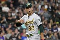 Oakland Athletics starting pitcher James Kaprielian reacts after striking out Chicago White Sox's Yasmani Grandal to end the sixth inning of a baseball game Friday, July 29, 2022, in Chicago. (AP Photo/Charles Rex Arbogast)