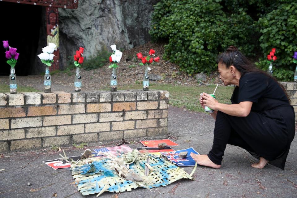 A small memorial is pictured for the 22 people who died on White Island on 9 December 2020 in Whakatane, New Zealand (Getty Images)