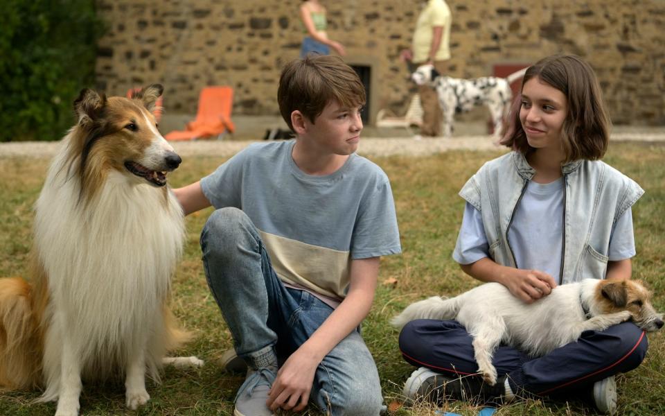 Flo (Nico Marischka) und Lassie verbringen die Sommerferien auf dem Hof von Tante Cosima. Dort treffen sie unter anderem auch auf Kleo (Anna Lucia Gualano) und ihre Jack-Russell-Hündin Pippa. (Bild: LCH2 Film/Leonine/Oliver Oppitz)