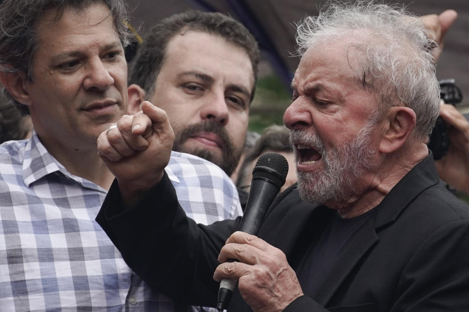 Former Brazilian President Luiz Inacio Lula da Silva speaks to supporters during a rally at the Metal Workers Union headquarters, in Sao Bernardo do Campo, Brazil, Saturday, Nov. 9, 2019. Da Silva addressed thousands of jubilant supporters a day after being released from prison. "During 580 days, I prepared myself spiritually, prepared myself to not have hatred, to not have thirst for revenge," the former president said. (AP Photo/Leo Correa)