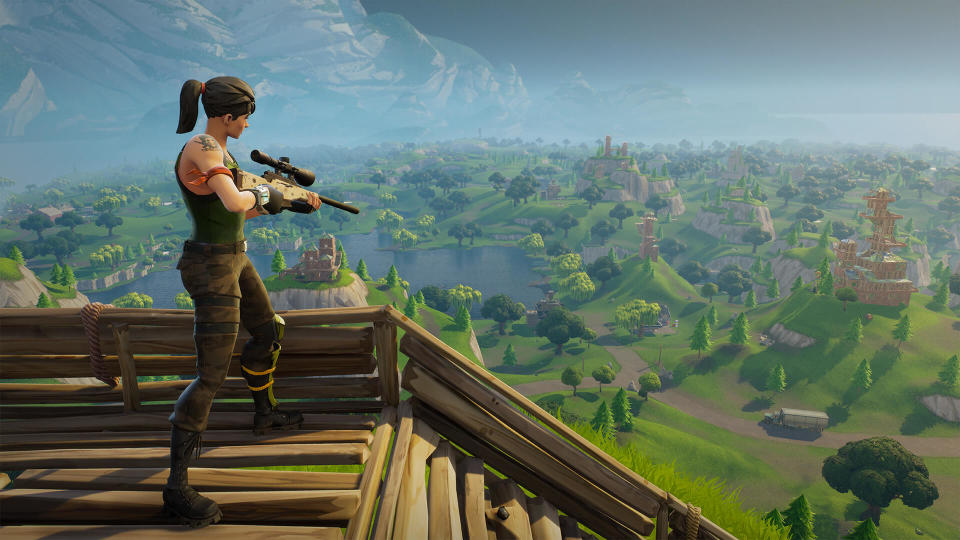 A scene from Epic Games' Fortnite shows a woman with a rifle