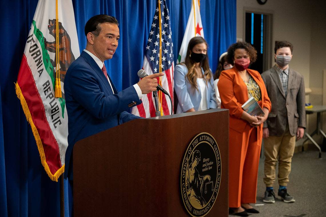 Attorney General Rob Bonta speaks after he was sworn in as Californias 34th Attorney General as his wife Mia Bonta and children Reina, Iliana and Andres watch during a ceremony on Friday, April 23, 2021 in Sacramento. Bonta, 49, will become the first Filipino American to head the Department of Justice.