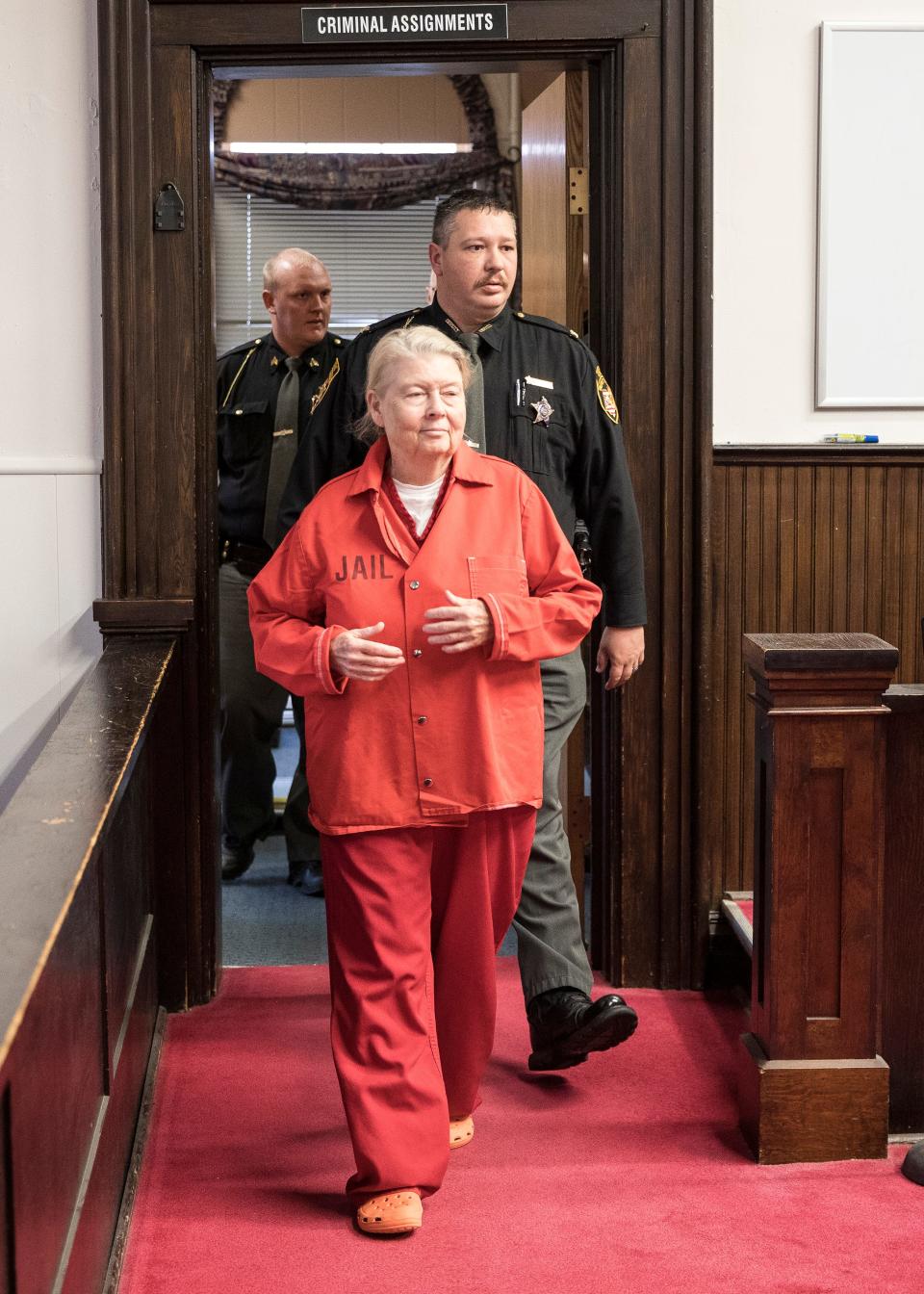Wagner family matriarch Fredericka Wagner enters the Pike County Courthouse in November 2018 when arraigned on one count of obstructing justice and one count of perjury, related to her purchase of two bullet-proof vests. Prosecutors dropped the charges in June 2019.