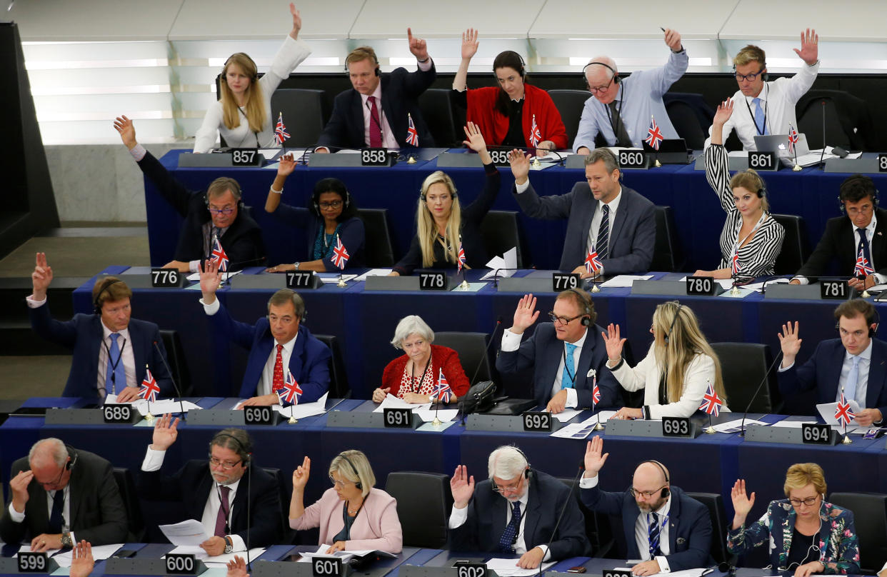 Hand up if you are the highest earners. Brexit Party MEPs in the European Parliament (REUTERS/Vincent Kessler)