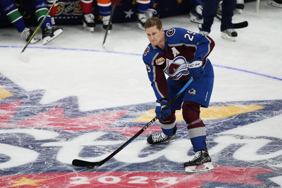 Colorado Avalanche's Nathan MacKinnon competes during the NHL All-Star hockey skills competition's passing challenge section in Toronto, Friday, Feb. 2, 2024. (Frank Gunn/The Canadian Press via AP)