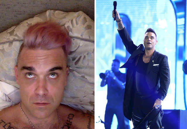 Nein – Sänger Robbie Williams ließ sich nicht etwa ebenfalls von Nicole Richies und Kelly Osbournes Faible für extravagante Haarfarben inspirieren. Wie er im Kommentar zu diesem Instagram-Bild klarstellte, ist sein rosafarbener Iro das Ergebnis eines fehlgeschlagenen Färbe-Versuchs. “In 24 Stunden wird es anders aussehen, so ähnlich wie Bruce Jenner befindet es sich in einer Übergangsphase”, witzelte Robbie in Anspielung auf die Geschlechtsumwandlung von Kim Kardashians Stiefvater. (Bild: Instagram/Robbie Williams; WENN.com)