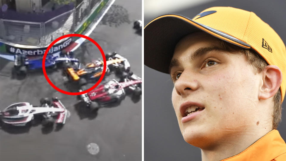 Contact between Alex Albon and Oscar Piastri is highlighted on the left, with Piastri pictured right.