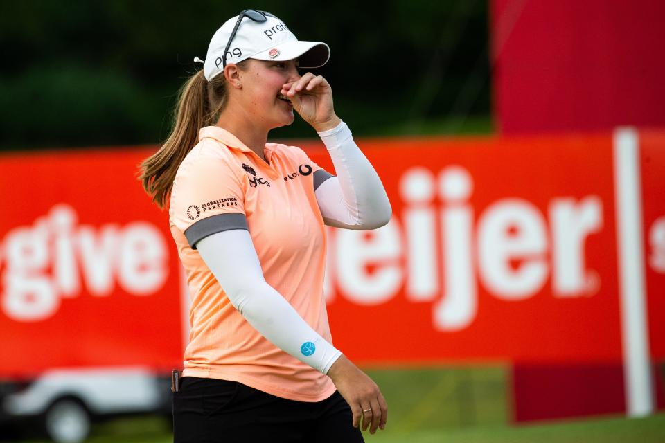 Meijer LPGA Classic champion Jennifer Kupcho walks off the green after a double playoff win Sunday, June 19, 2022, at Blythefield Country Club in Belmont Michigan. Kupcho ended the weekend -18 under. 