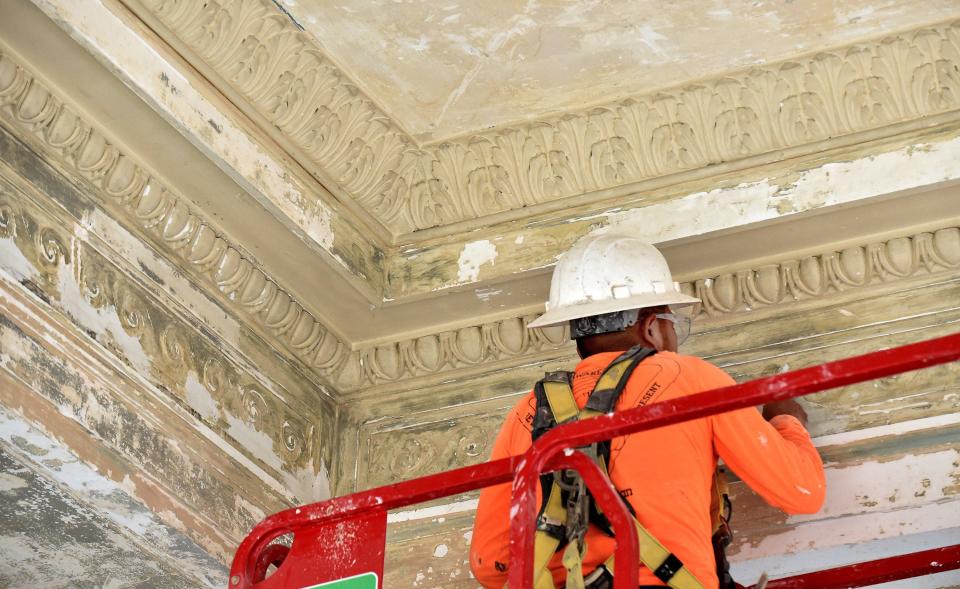 The original intricate plaster ornamentation in the vaulted ceiling of the historic Jacksonville branch of the Federal Reserve Bank of Atlanta  Building is being restored.