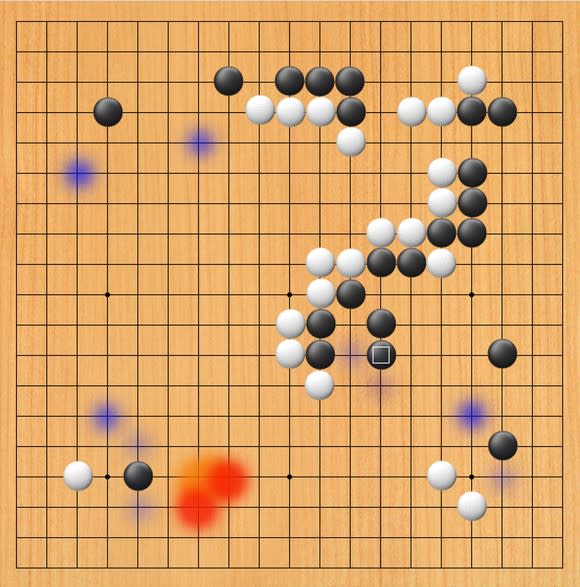 A board with stones on it and red, orange, and purple colors overlaid on several spots
