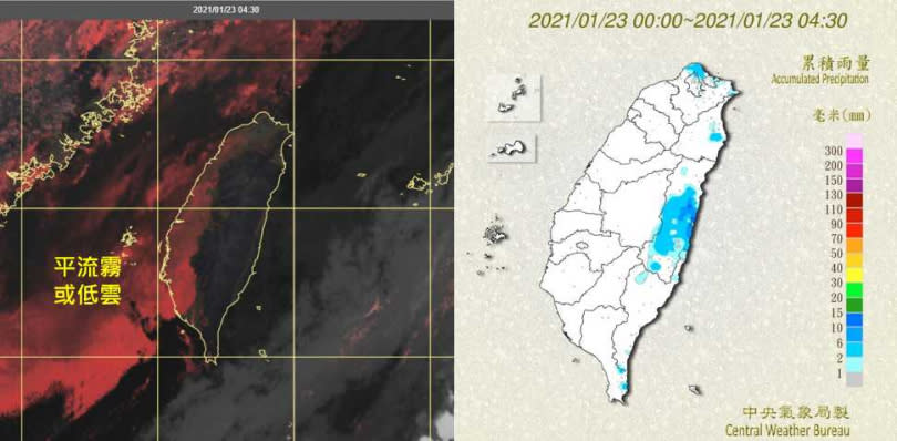 今（23日）晨4：30真實色雲圖顯示，東半部有零散低雲，西半部及台灣海峽有平流霧或低雲（左）。4：30累積雨量圖顯示，大台北、東半部及恆春半島有局部少量降雨，西半部亦有零星飄毛雨的現象。（右）。（圖／翻攝自「三立準氣象· 老大洩天機」專欄）