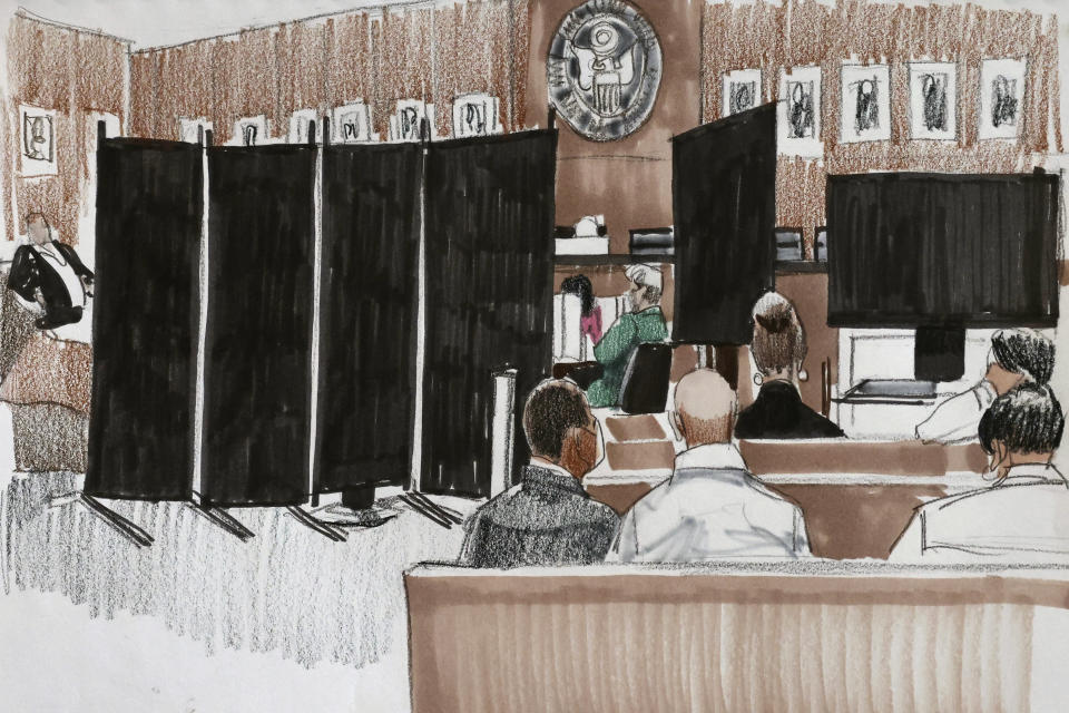 In this courtroom sketch, the front of the courtroom is blocked off as a sexually graphic video clip is played for the jury during R. Kelly's trial in federal court, Friday, Aug. 19, 2022, in Chicago. (Cheryl Cook via AP)