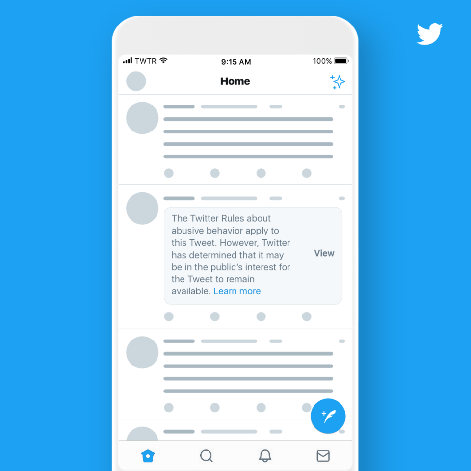 <div class="inline-image__caption"><p>Twitter's new notice for tweets that violate its rules but will remain on the platform.</p></div> <div class="inline-image__credit">Twitter</div>