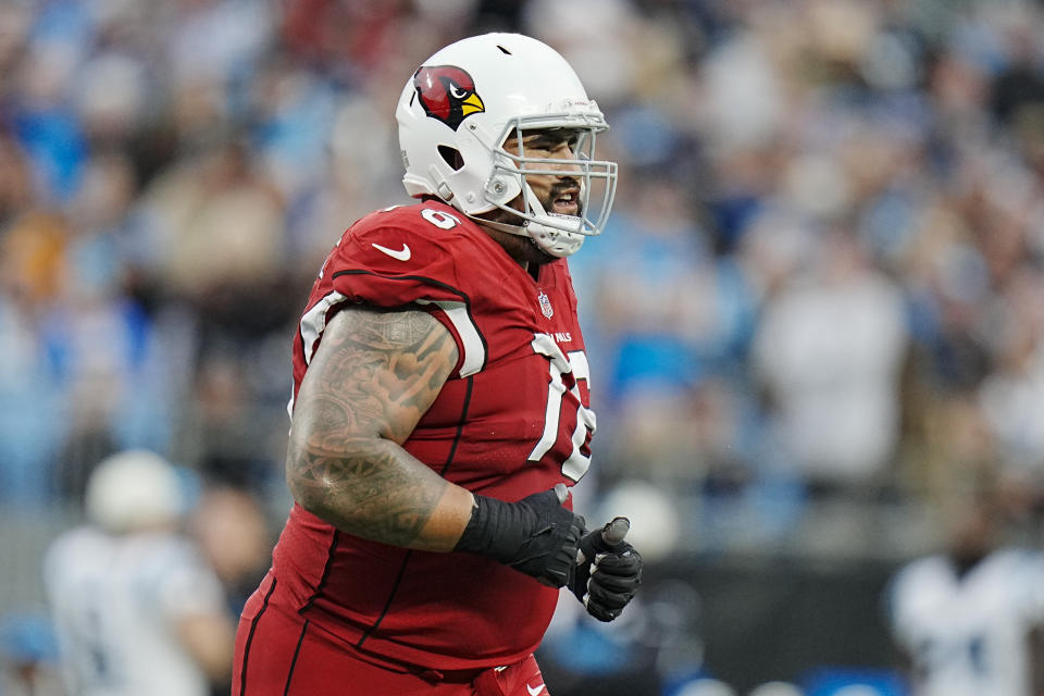 Arizona Cardinals guard Will Hernandez was ejected Sunday for making contact with an official. (AP Photo/Rusty Jones)