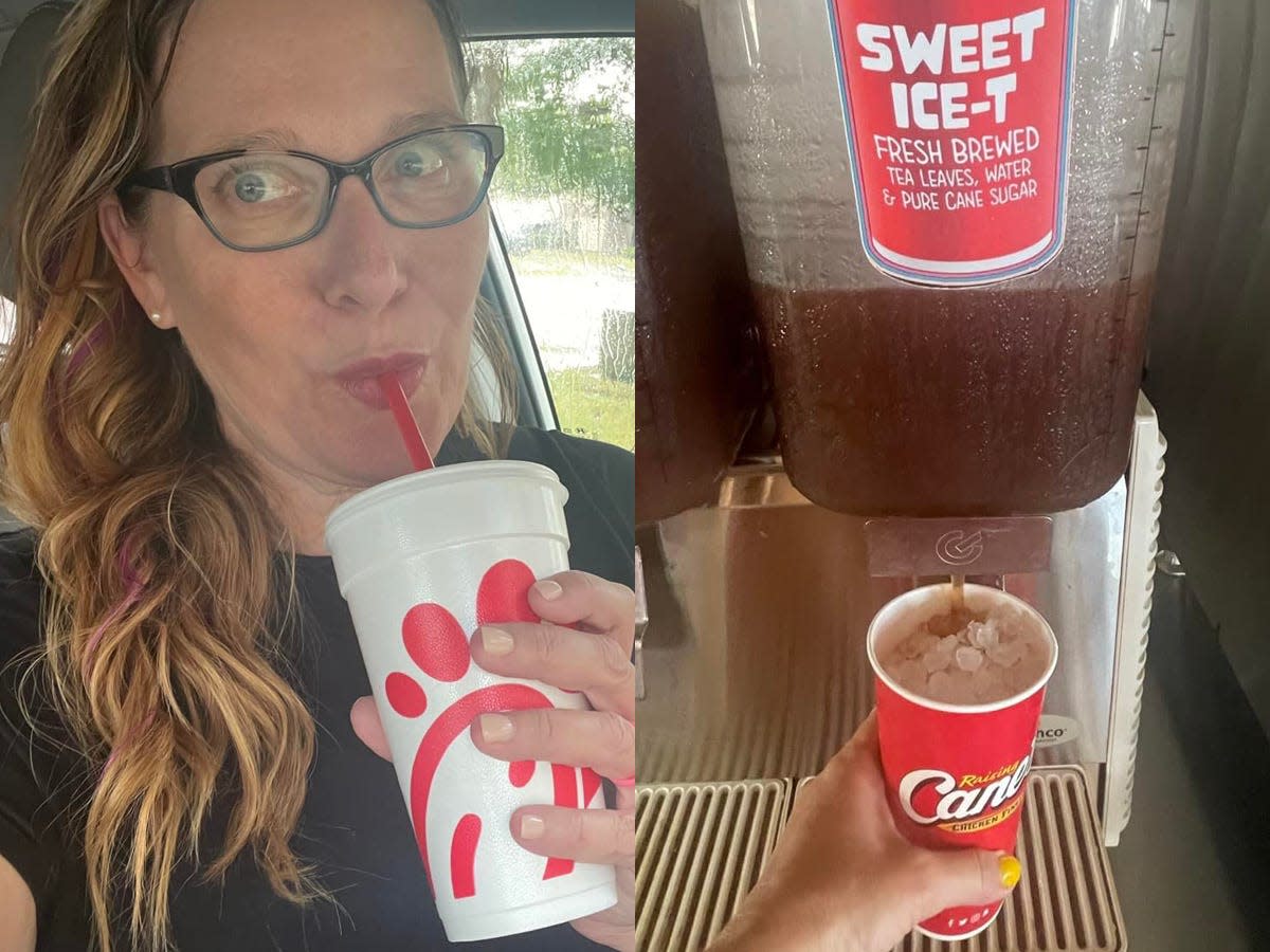 Selfie of the writer drinking sweet tea out of a cup with Chick-fil-A logo; The writer dispensing sweet tea into a cup at Raising Cane's