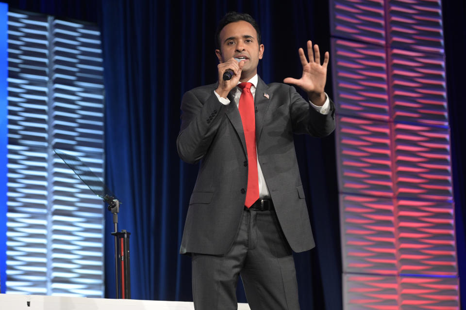 FILE - Republican presidential candidate Vivek Ramaswamy speaks at the Republican Party of Florida Freedom Summit, Nov. 4, 2023, in Kissimmee, Fla. Ramaswamy's presidential campaign has seemingly mirrored his meteoric rise as a biotech entrepreneur. The political novice from Ohio has taken the route of a self-described outsider.((AP Photo/Phelan M. Ebenhack, File)